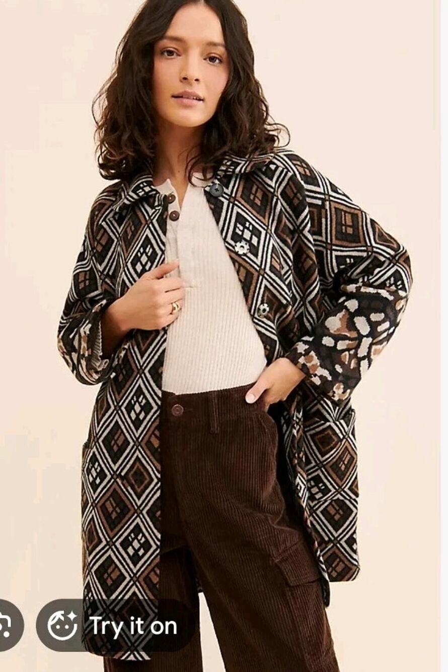 Anthropologie Field Flower Geo 100% Wool Sweater Coat Size XS